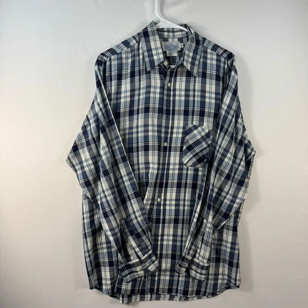 WinterSilks Mens Blue White Plaid 100% Silk Long Sleeve Button Down Shirt Size M